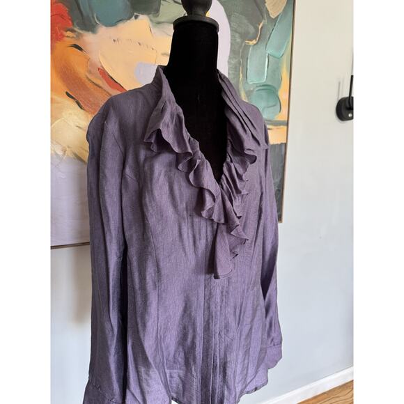 Coldwater Creek Button Up Sz 1X Purple Ruffled Neck Cottagecore Dark Academia - Picture 2 of 11